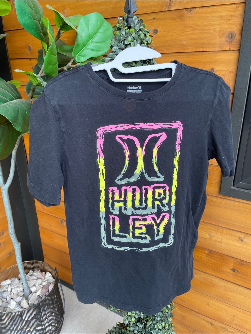 Hurley Black Tee with Neon Pink, Yellow & Aqua Logo